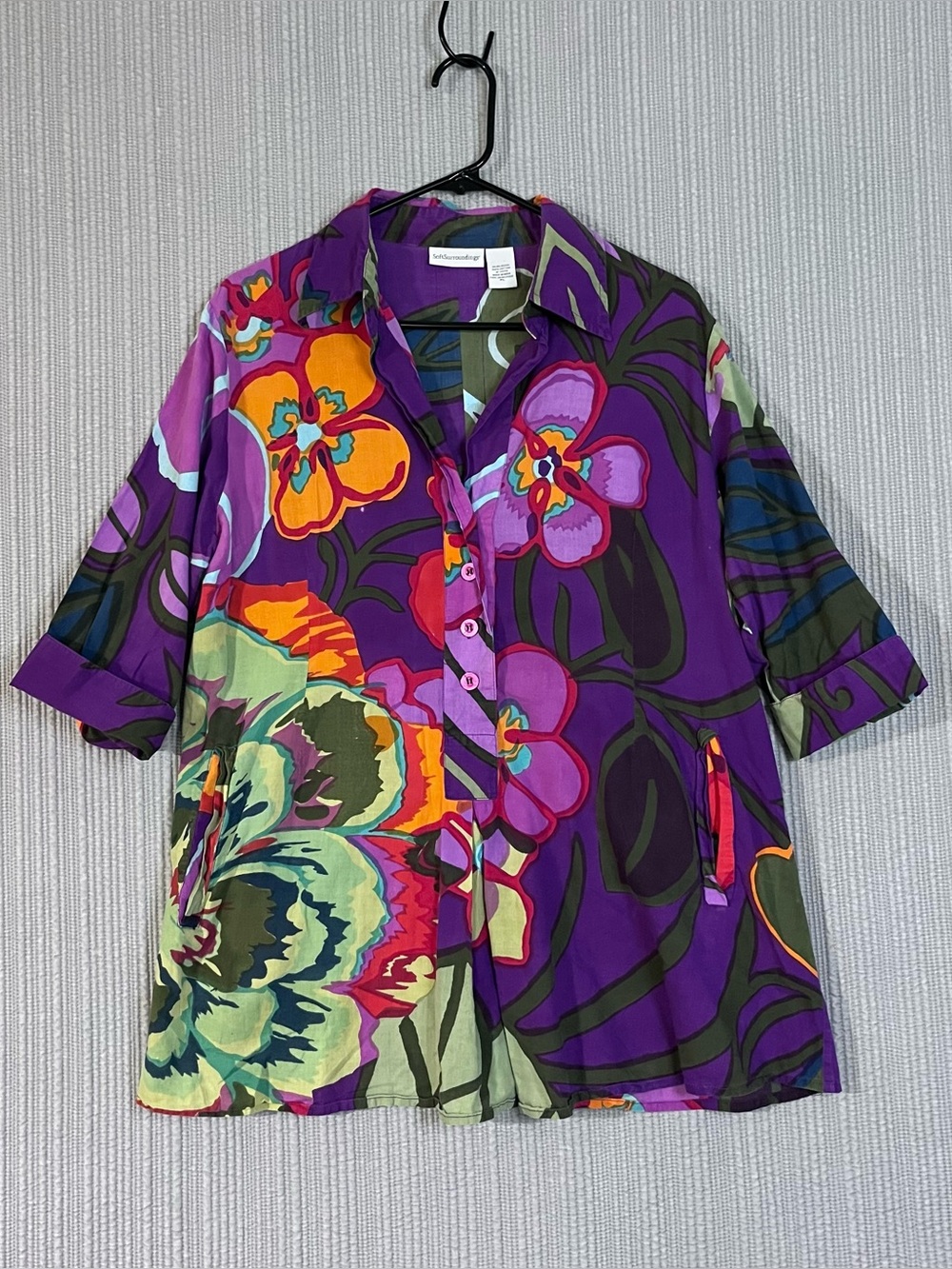 Soft Surroundings Purple Floral Cotton Tunic Top Pockets Womens Petite Large